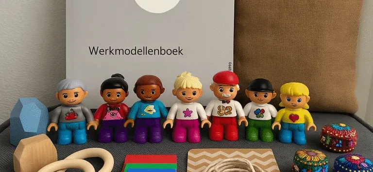Werkmodellenboek met houten poppetjes en materialen voor systemisch werken op tafel