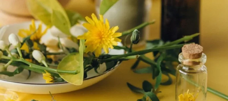 Flesjes bloesemremedie met verse gele bloemen op een gele tafel