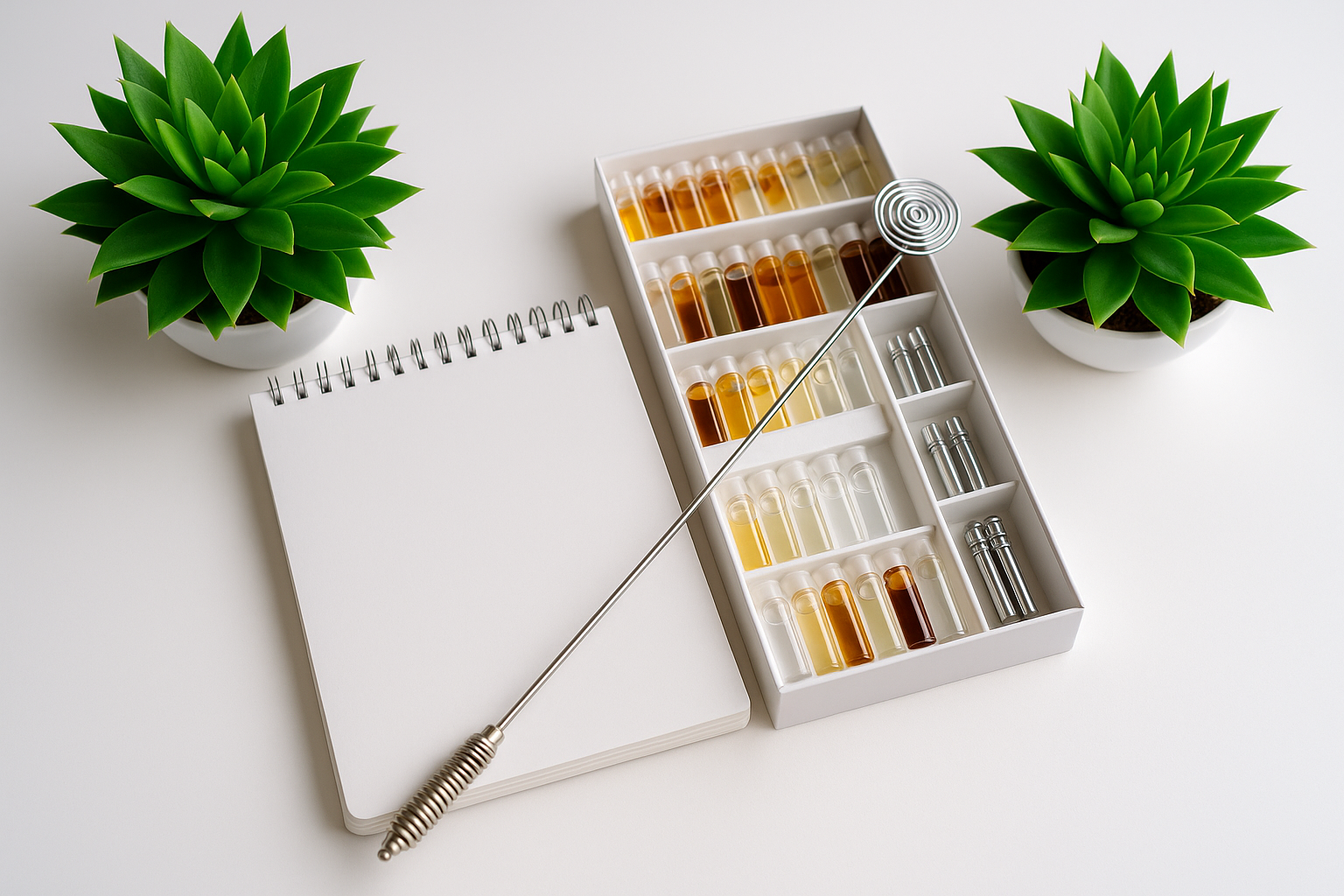 Biotensor, doosje met remedieflesjes en notitieblok op een wit bureau