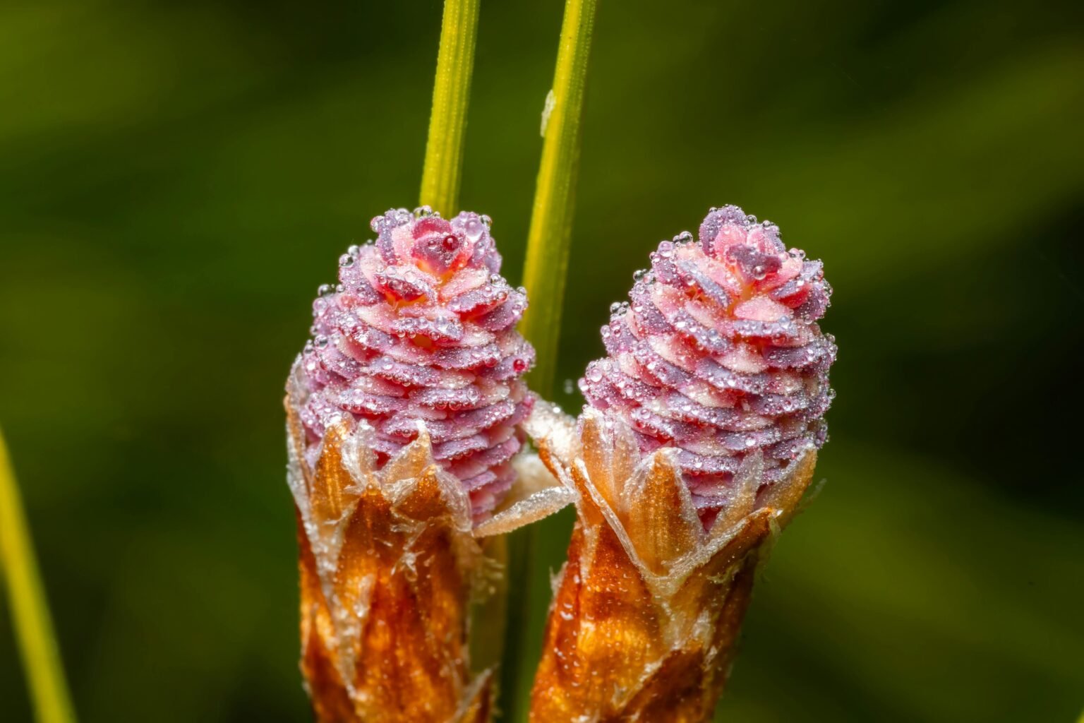 Twee roze bloemknoppen met dauwdruppels in close-up