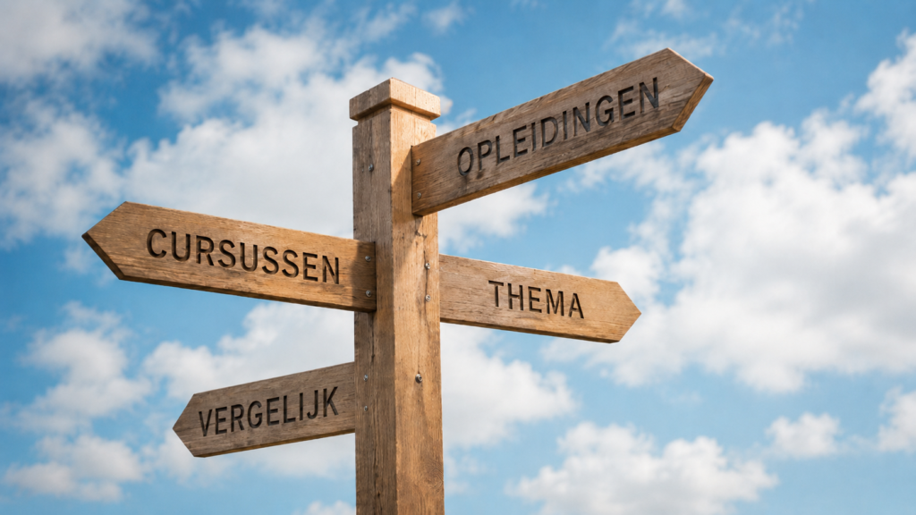 Houten wegwijzer met borden opleidingen, cursussen, thema en vergelijk tegen een blauwe lucht