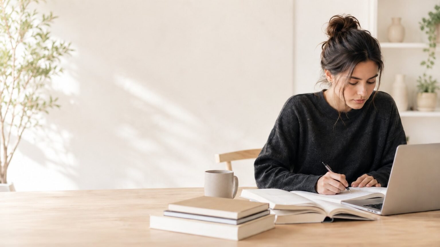 Vrouw vergelijkt spirituele opleidingen op haar laptop aan een bureau met boeken
